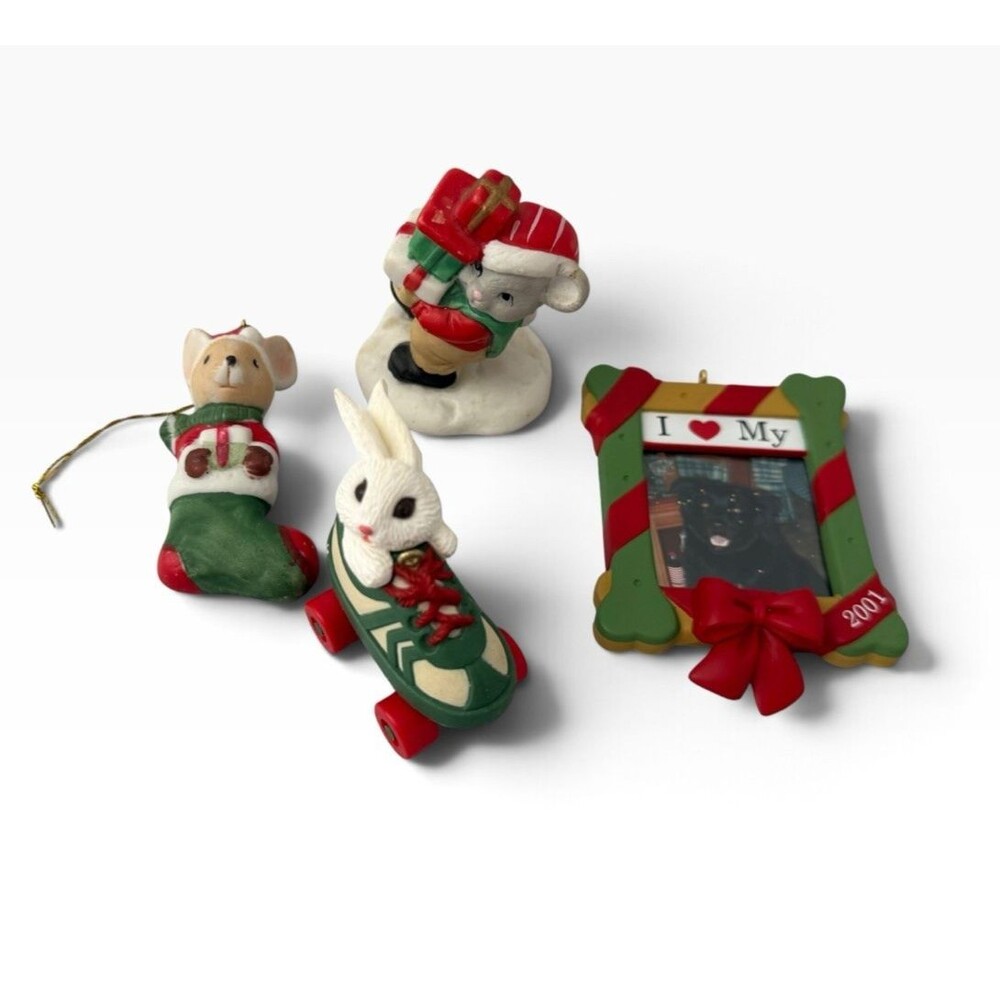 Hallmark 2001 Ornaments Rabbit Roller Skating Mouse Frame House of Lloyd 1990